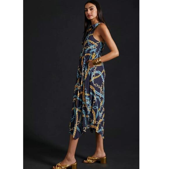 New ANTHROPOLOGIE Maeve Pleated Midi Shirt Dress $180 SMALL Blue Motif - Picture 3 of 7